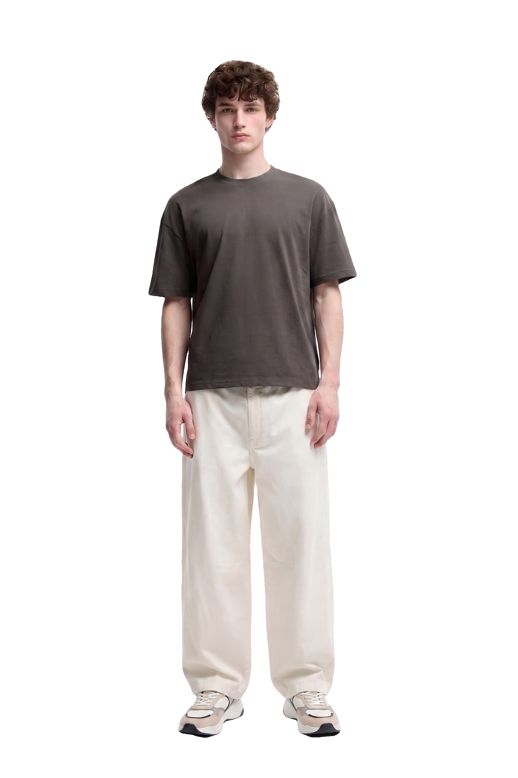 AI virtual try-on of a model in a charcoal oversized tee and cream trousers