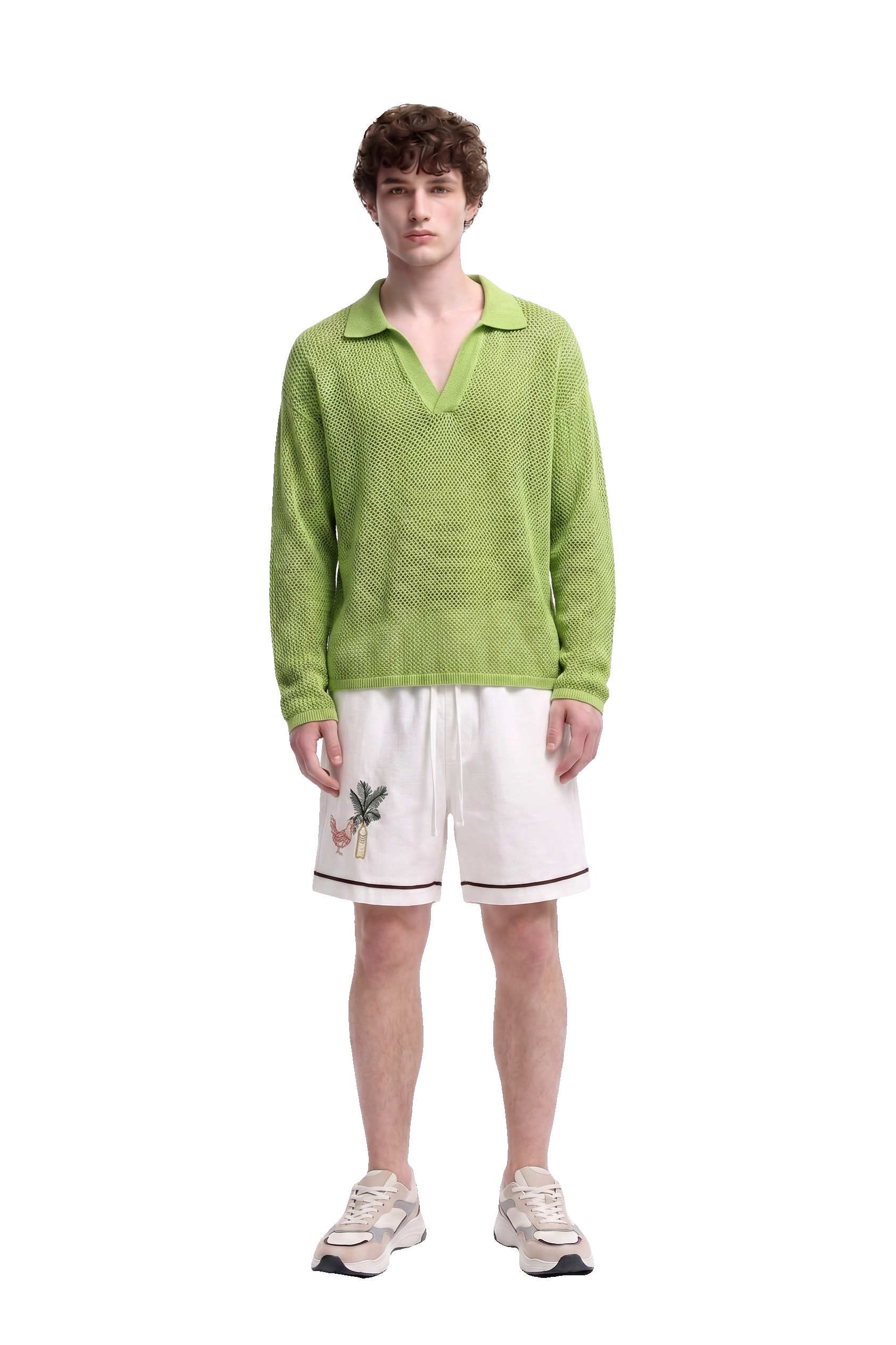 AI virtual try-on of a model in a green knit polo and white shorts
